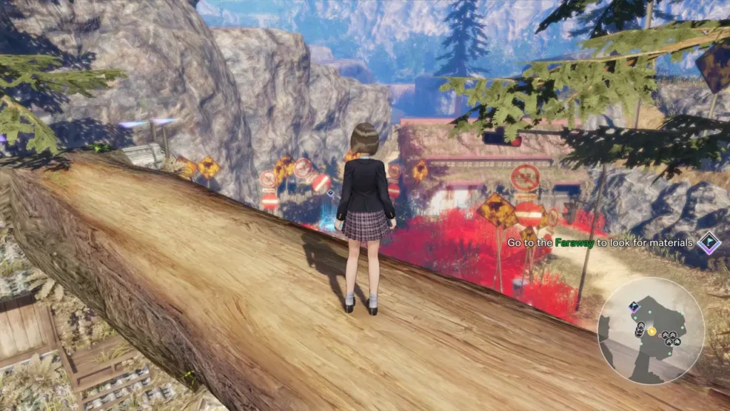 Screenshot aus dem Game: Blue Reflection: Second Light. Zu sehen ist ein junges Mädchen die auf einem Baumstamm steht, welcher als eine Brücke genutzt wird. Sie schaut runter, auf ein altes Gebäude, welches fast komplett von Pflanzen zugewachsen ist. Vor diesem Gebäude stehen viele Verkehrsschilder. 