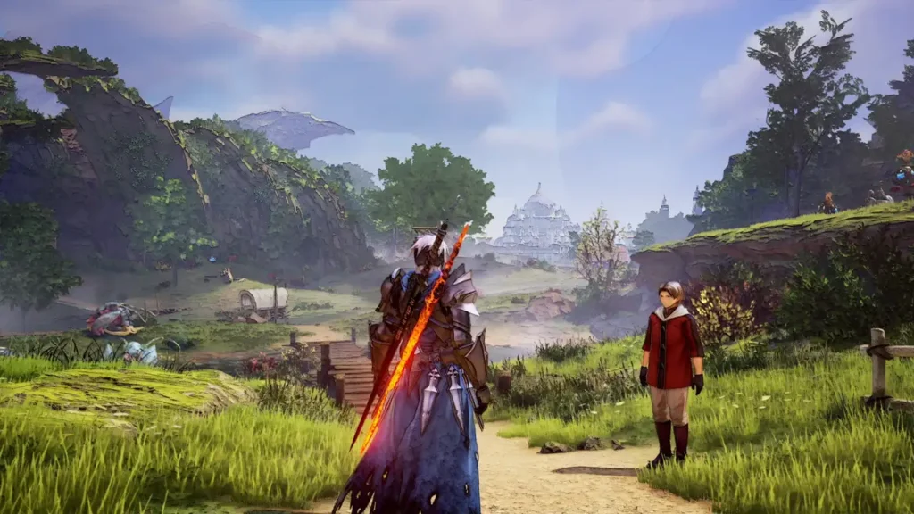 Screenshot aus dem Spiel: Tales of Arise. Man sieht eine Person im Vordergrund mit einem flammen Schwert. Er steht auf einem Feldweg und um ihn herum ist viel Wiese, Bäume und eine schöne Landschaft zu sehen.