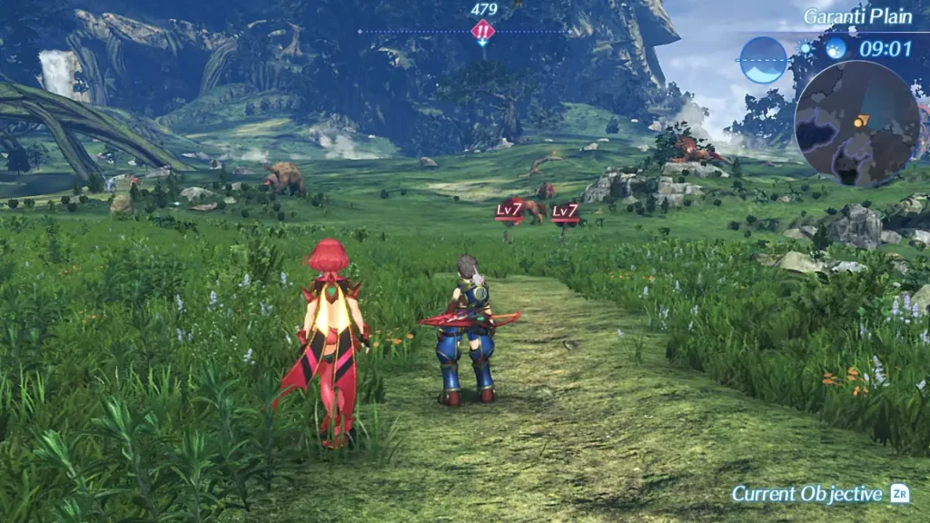 Screenshot aus dem Game: Xenoblade Chronicles 2. Man sieht zwei Personen, eine Mädchen mit pinken Haaren und einen Jungen mit braunen Haaren. Der Junge trägt ein Schwert am Rüclen. Um ihnen herum ist viel Wiese, viele Blumen und einige große Kreature zu sehen.