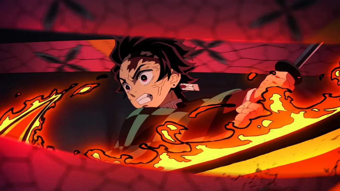Bild aus dem Anime Demon Slayer: Man sieht Tanjiro wie er seine Sonnenatmung benutzt.