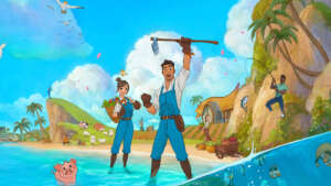 Cover Bild von Coral Island. Man sieht einen Strand, Meer und zwei Charaktere.