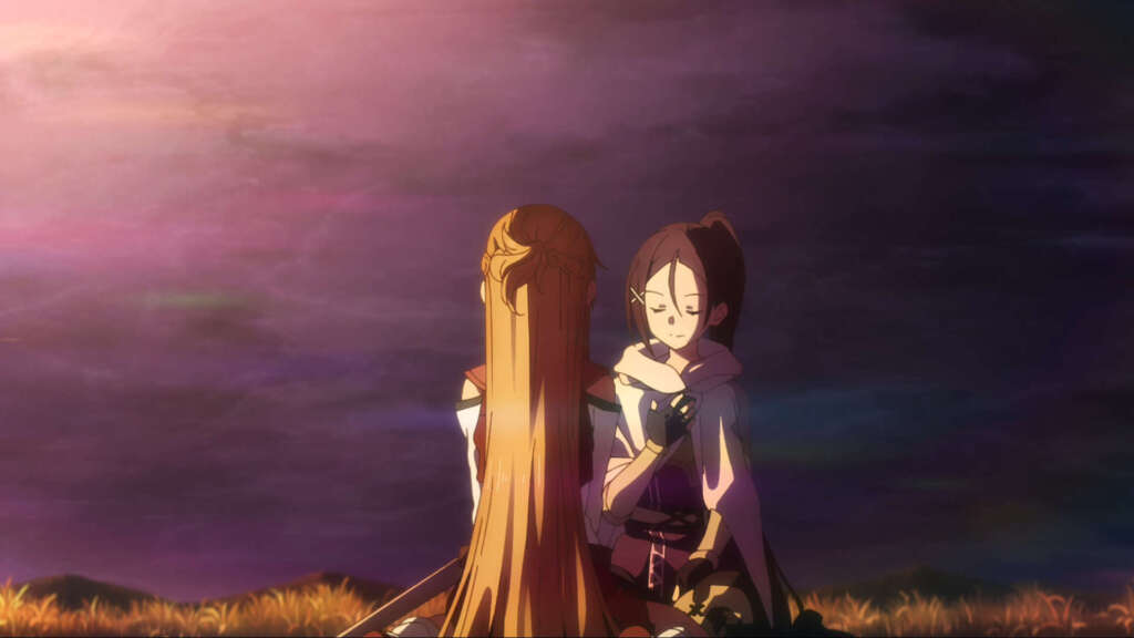 Asuna und Misumi sitzen beide auf dem Boden, während die Sonne beinahe komplett untergegangen ist.