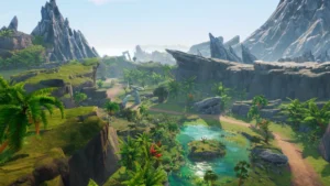 Screenshot aus Visions of Mana. Eine wunderschöne Landschaft zu sehen. Felsen, Wasser, viel Grün, Bäume ...