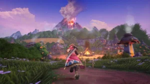 Screenshot aus Visions of Mana: Man sieht wie eine Person in Richtung eines Dorfes läuft. Im Hintergrund ist neben dem kleinen Dorf auch ein Vulkan zu sehen.