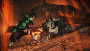 Tanjiro versucht mit seinem Katana den Dämon zu köpfen.